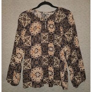 LOFT Blouse Medallion Print Women's Large Geometric Top Long Sleeve Brown Blue